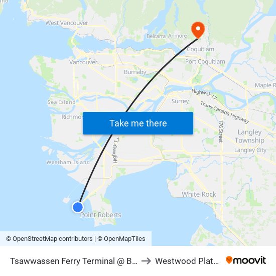 Tsawwassen Ferry Terminal @ Bay 2 to Westwood Plateau map