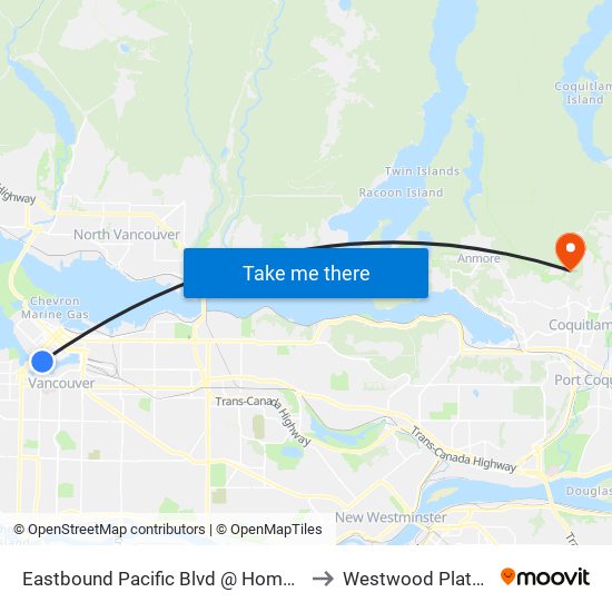 Eastbound Pacific Blvd @ Homer St to Westwood Plateau map