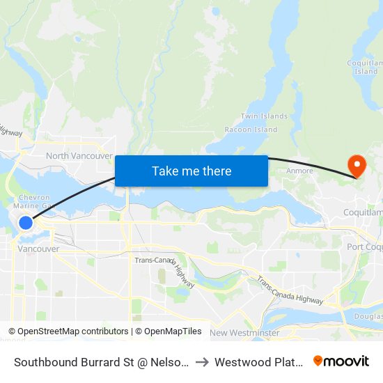 Southbound Burrard St @ Nelson St to Westwood Plateau map