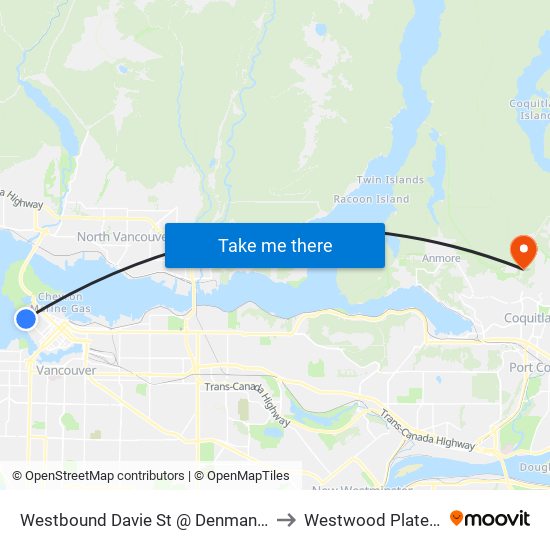 Westbound Davie St @ Denman St to Westwood Plateau map