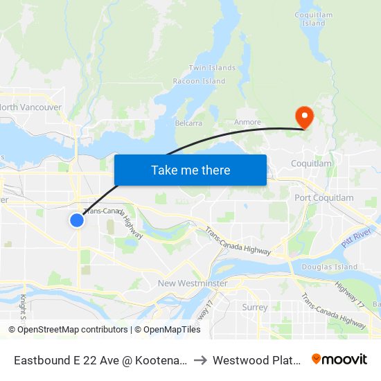Eastbound E 22 Ave @ Kootenay St to Westwood Plateau map