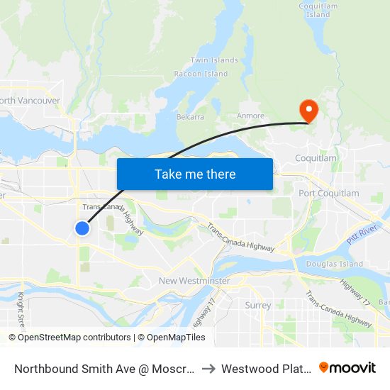 Northbound Smith Ave @ Moscrop St to Westwood Plateau map