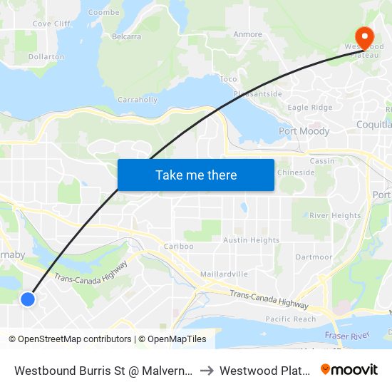 Westbound Burris St @ Malvern Ave to Westwood Plateau map