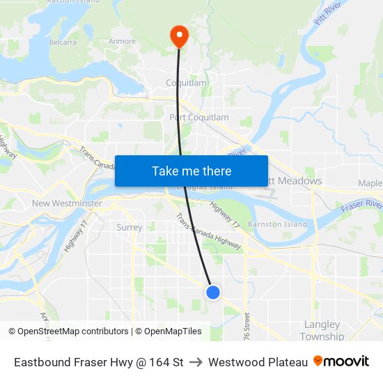 Eastbound Fraser Hwy @ 164 St to Westwood Plateau map