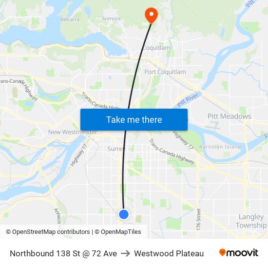 Northbound 138 St @ 72 Ave to Westwood Plateau map