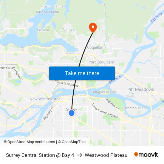 Surrey Central Station @ Bay 4 to Westwood Plateau map