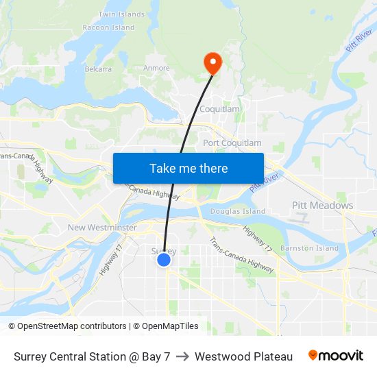 Surrey Central Station @ Bay 7 to Westwood Plateau map