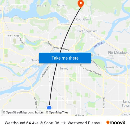 Westbound 64 Ave @ Scott Rd to Westwood Plateau map