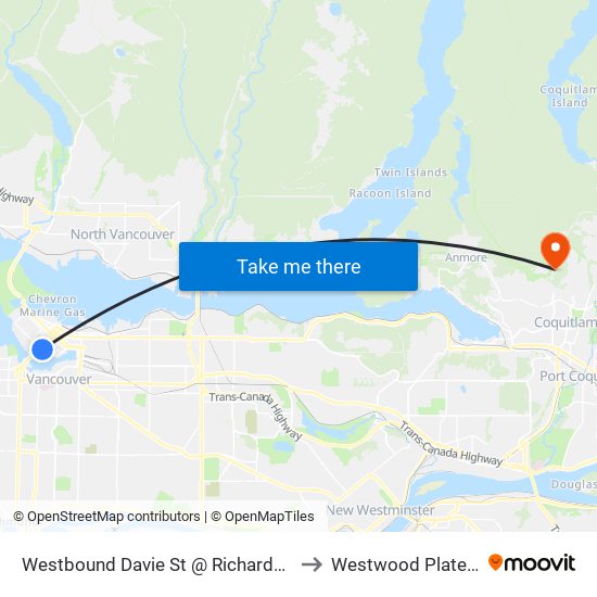 Westbound Davie St @ Richards St to Westwood Plateau map