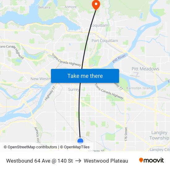 Westbound 64 Ave @ 140 St to Westwood Plateau map