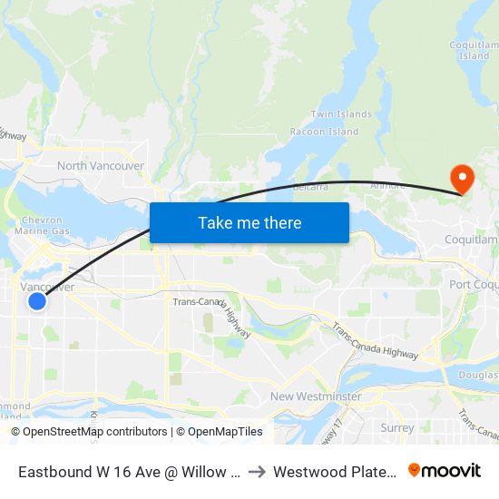 Eastbound W 16 Ave @ Willow St to Westwood Plateau map