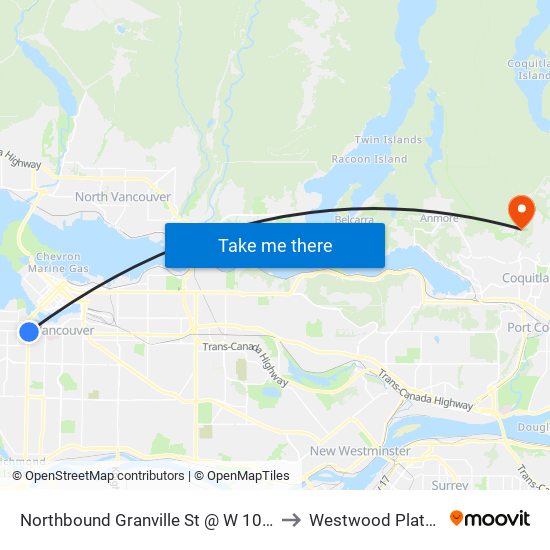 Northbound Granville St @ W 10 Ave to Westwood Plateau map