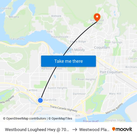 Westbound Lougheed Hwy @ 700 Block to Westwood Plateau map