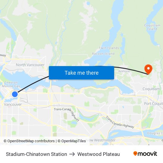 Stadium-Chinatown Station to Westwood Plateau map