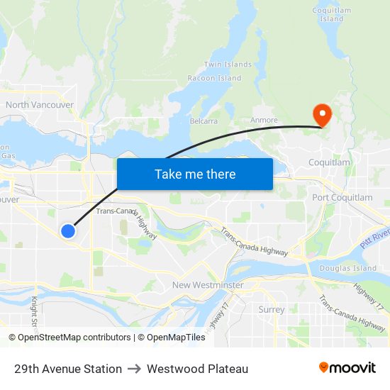 29th Avenue Station to Westwood Plateau map