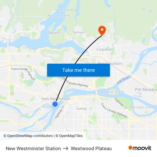 New Westminster Station to Westwood Plateau map