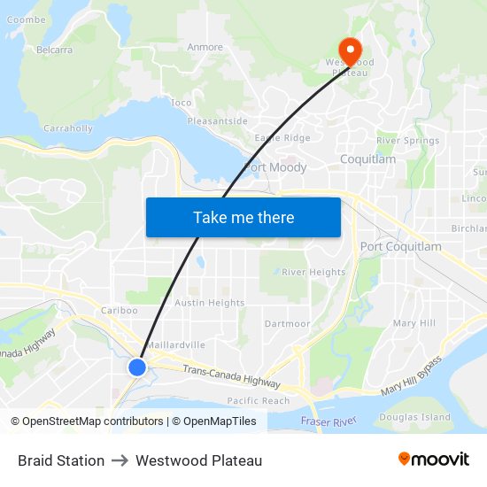 Braid Station to Westwood Plateau map