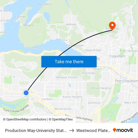 Production Way-University Station to Westwood Plateau map