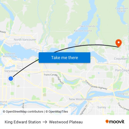 King Edward Station to Westwood Plateau map