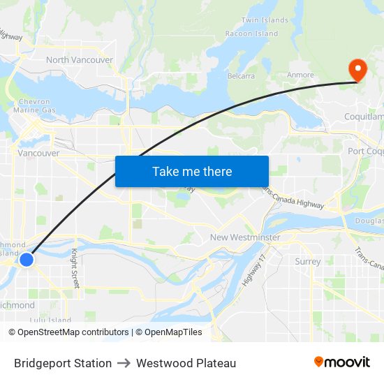 Bridgeport Station to Westwood Plateau map