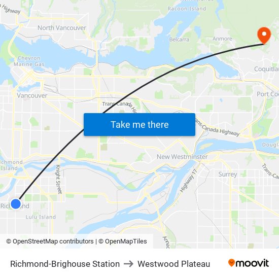 Richmond-Brighouse Station to Westwood Plateau map