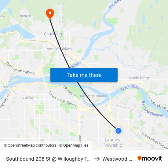 Southbound 208 St @ Willoughby Town Centre Dr to Westwood Plateau map