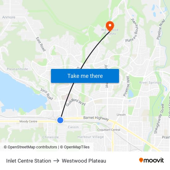 Inlet Centre Station to Westwood Plateau map