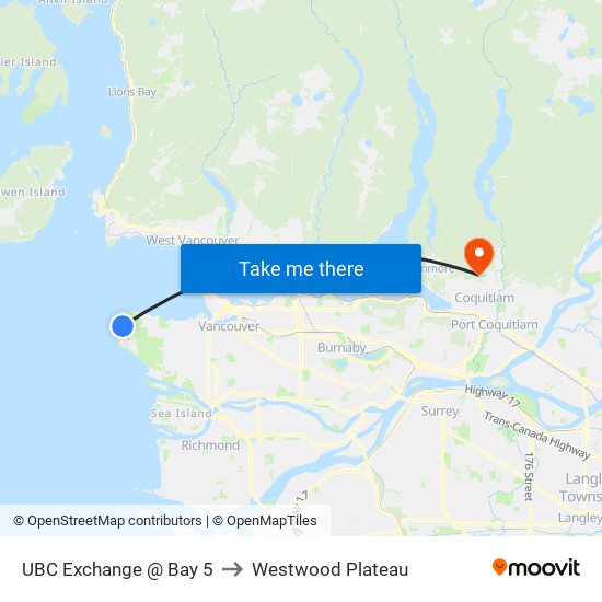 UBC Exchange @ Bay 5 to Westwood Plateau map