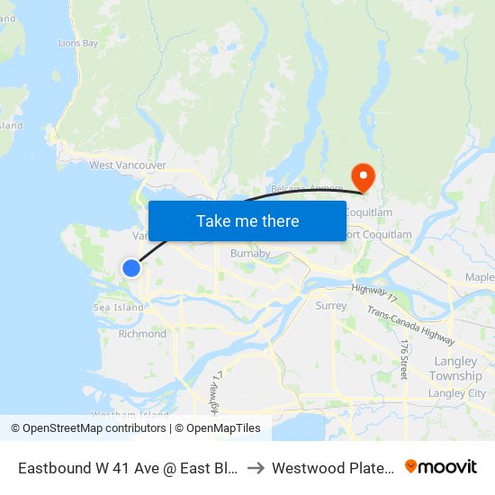 Eastbound W 41 Ave @ East Blvd to Westwood Plateau map