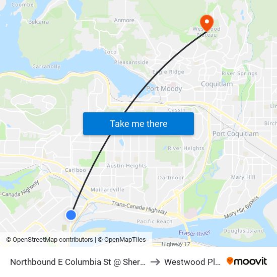 Northbound E Columbia St @ Sherbrooke St to Westwood Plateau map