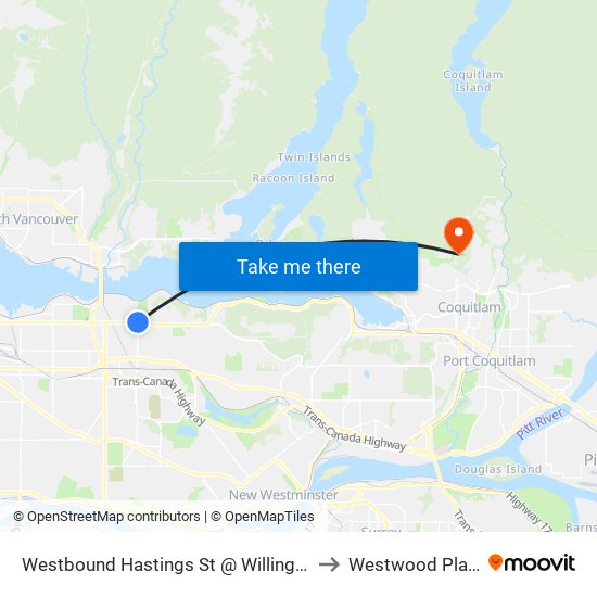 Westbound Hastings St @ Willingdon Ave to Westwood Plateau map