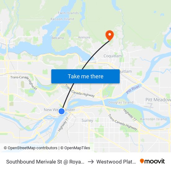 Southbound Merivale St @ Royal Ave to Westwood Plateau map