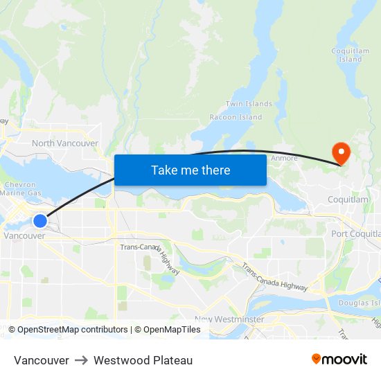 Vancouver to Westwood Plateau map