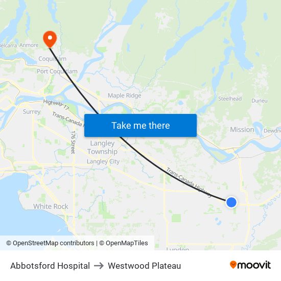 Abbotsford Hospital to Westwood Plateau map