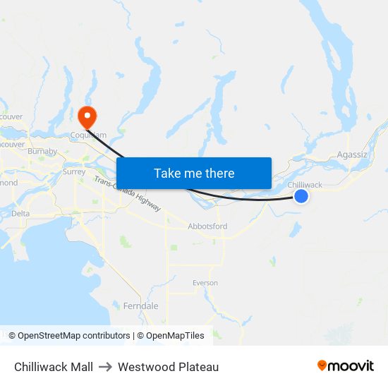 Chilliwack Mall to Westwood Plateau map