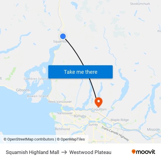 Squamish Highland Mall to Westwood Plateau map