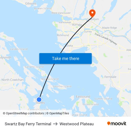 Swartz Bay Ferry Terminal to Westwood Plateau map