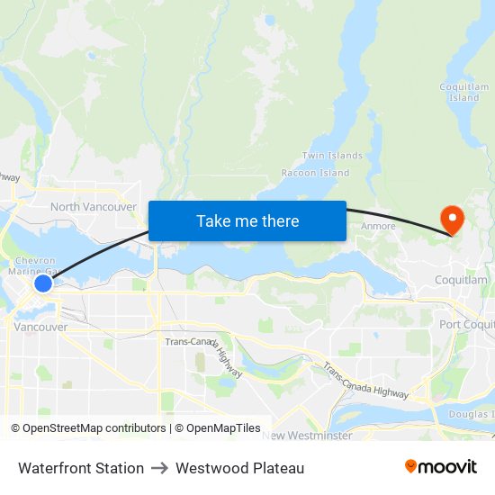 Waterfront Station to Westwood Plateau map