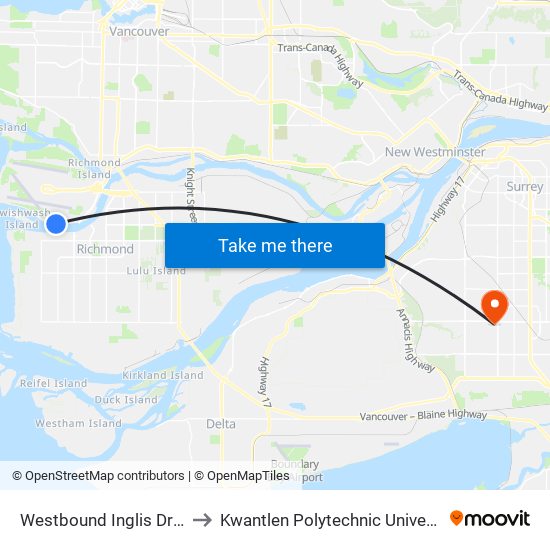 Westbound Inglis Dr @ Bell Irving Rd to Kwantlen Polytechnic University - Surrey Campus map