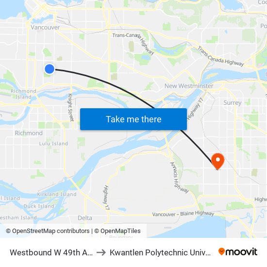 Westbound W 49th Ave @ Manitoba St to Kwantlen Polytechnic University - Surrey Campus map