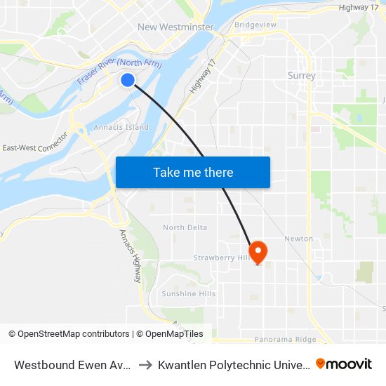 Westbound Ewen Ave @ Derwent Way to Kwantlen Polytechnic University - Surrey Campus map