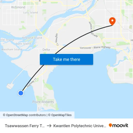 Tsawwassen Ferry Terminal @ Bay 2 to Kwantlen Polytechnic University - Surrey Campus map