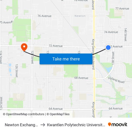 Newton Exchange @ Bay 12 to Kwantlen Polytechnic University - Surrey Campus map