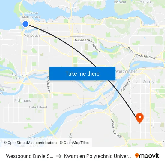 Westbound Davie St @ Thurlow St to Kwantlen Polytechnic University - Surrey Campus map