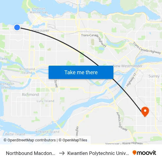 Northbound Macdonald St @ W 4th Ave to Kwantlen Polytechnic University - Surrey Campus map