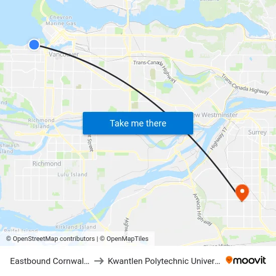 Eastbound Cornwall Ave @ Yew St to Kwantlen Polytechnic University - Surrey Campus map