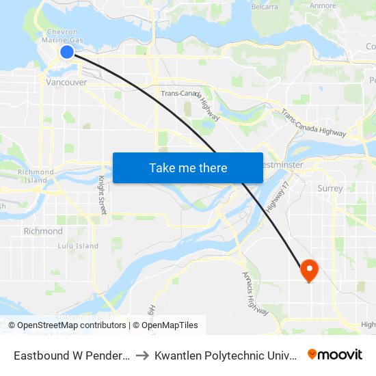 Eastbound W Pender St @ Seymour St to Kwantlen Polytechnic University - Surrey Campus map