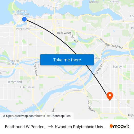 Eastbound W Pender St @ Hamilton St to Kwantlen Polytechnic University - Surrey Campus map