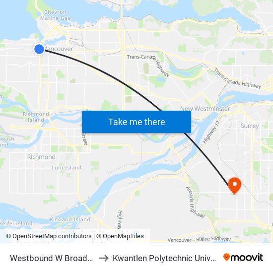 Westbound W Broadway @ Granville St to Kwantlen Polytechnic University - Surrey Campus map