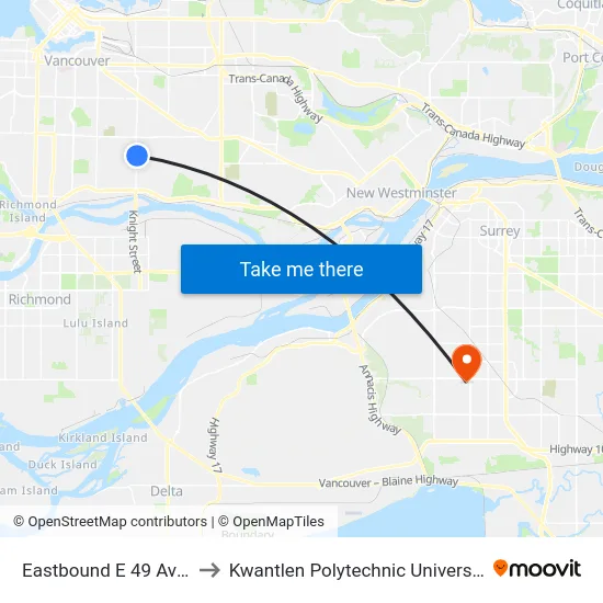 Eastbound E 49 Ave @ Knight St to Kwantlen Polytechnic University - Surrey Campus map